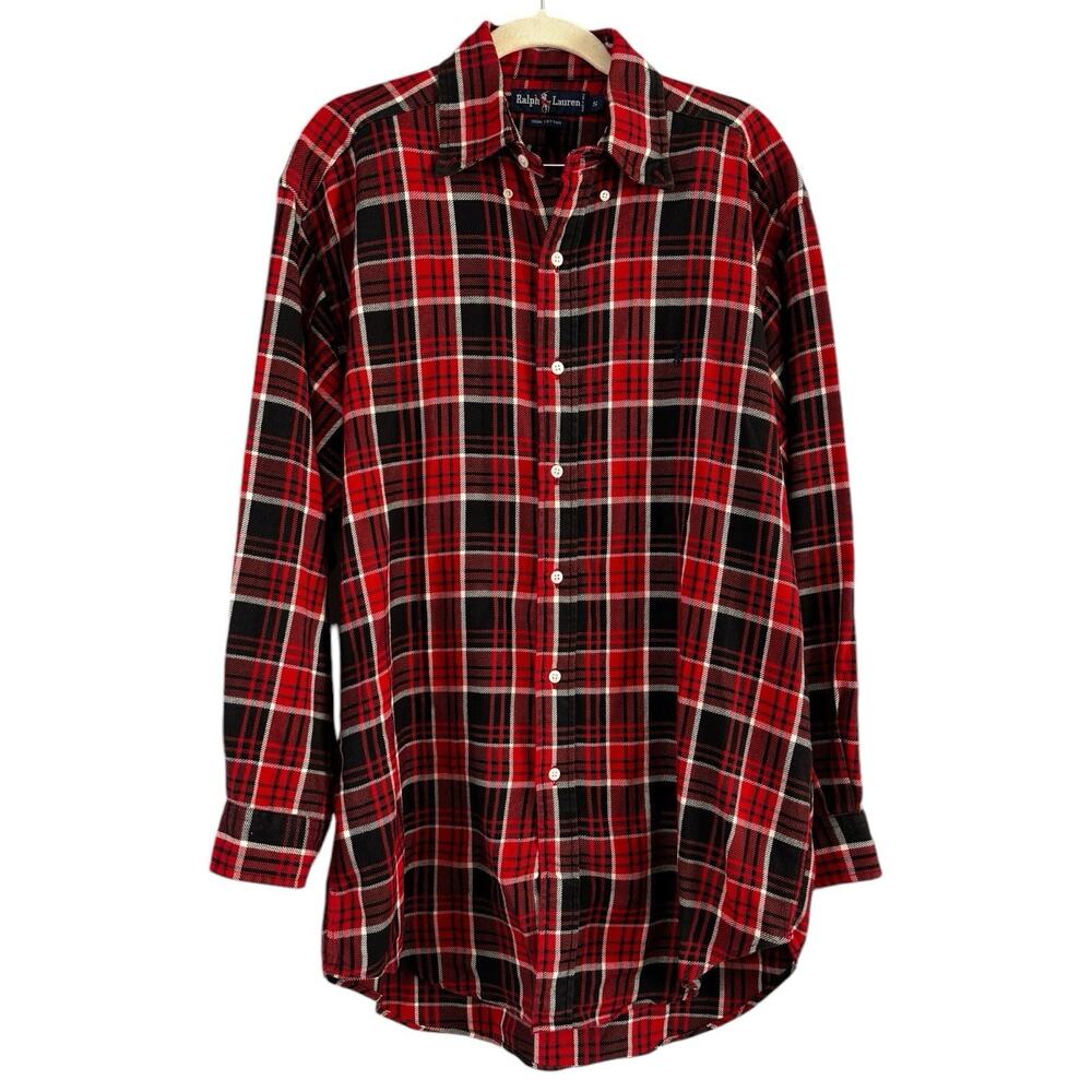 Ralph Lauren Red Black Plaid Pony Logo Flannel Button Front Shirt Mens Sz Small
